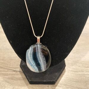 Artisan hand crafted purple, white & dichroic fused glass pendant on 18” chain